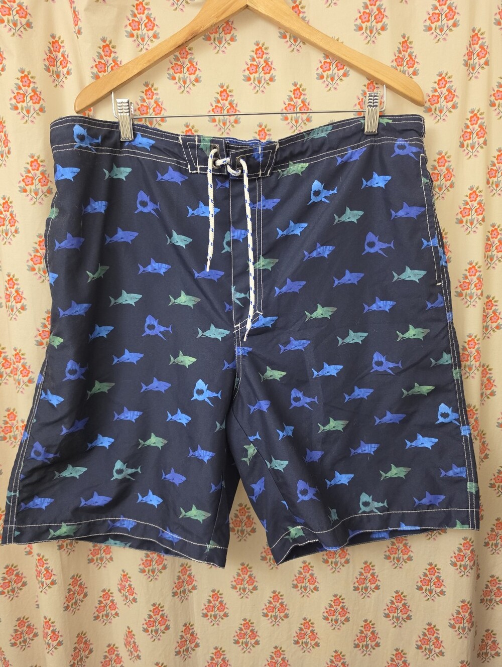 Men's Navy Shark Print Swim Trunks